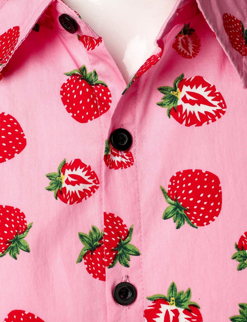 JOGAL Men's Cotton Button Down Short Sleeve Hawaiian Shirt Medium Pink Strawberry - Image 3